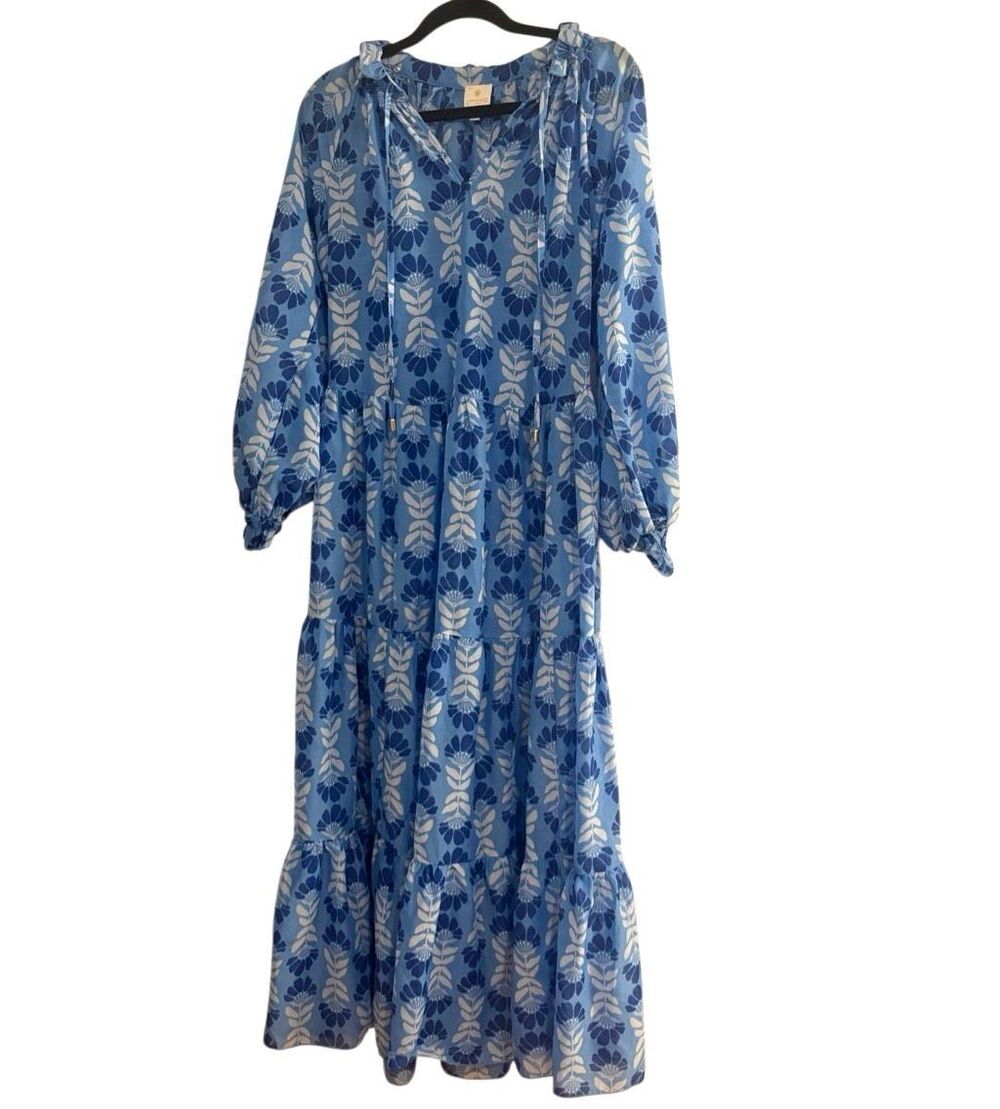 J.Marie Luna Geometric Floral Maxi Dress V-Neck Long Sleeve Ruffle Neck Small
